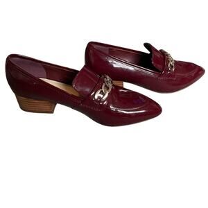 MARC FISHER fleker Loafer Burgundy patent with silver chain block heel size 7M